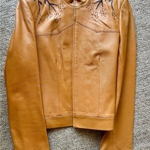 BCBG Tee Inlay Beaded Caramel Leather Jacket Size 6
